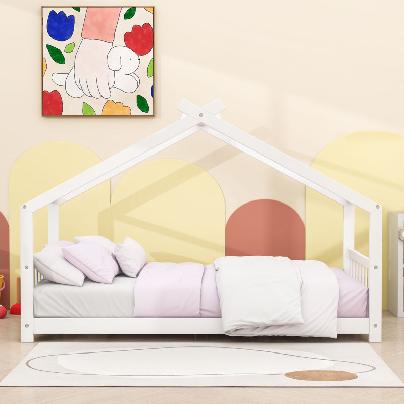 Lit maison avec toit et lattes, Simple, Blanc