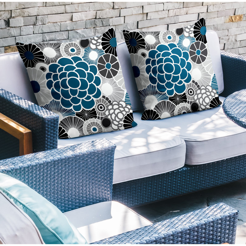 Floral Outdoor Reversible Throw Pillow, 15W" x 15H", Turquoise