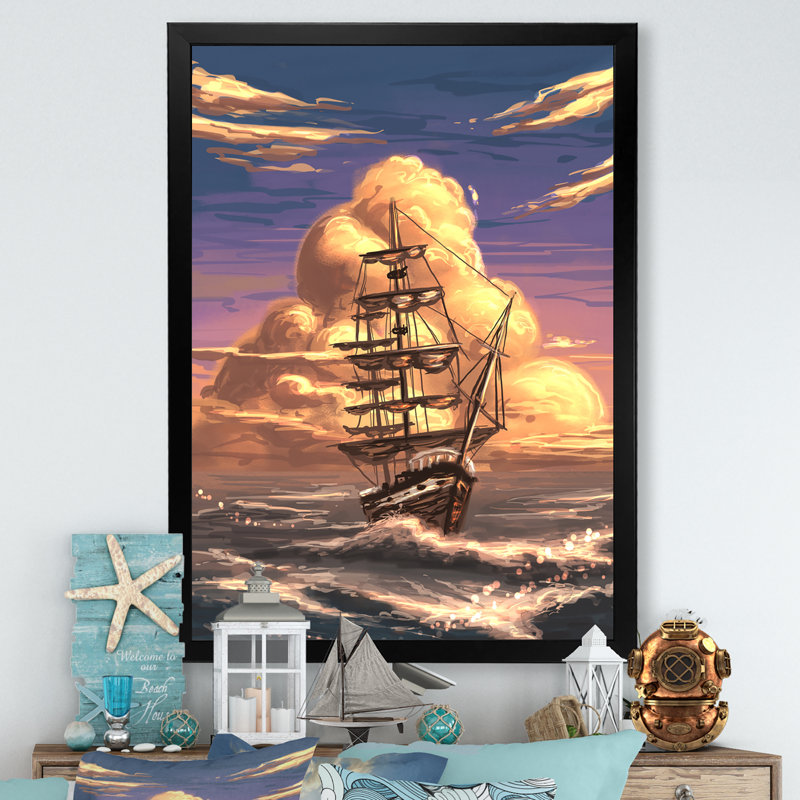 «Video Game Fantasy Ship Coastal Sunset», reproduction de photo sur toile, H 20 po x l 12 po x P 1 po, Cadre photo noir