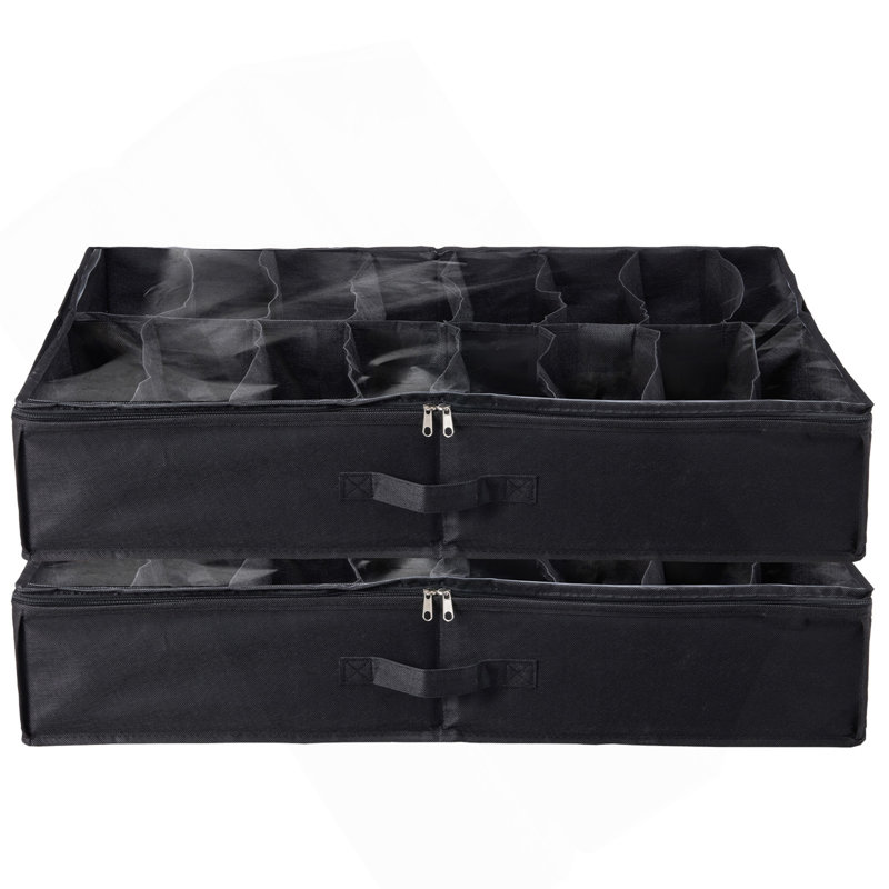 Sturdy Under Bed Shoe Storage Organizer, Set Of 2, 32 Compartments, Underbed Shoes Closet Storage Solution With Clear Window, Breathable, L31.5"X W23.6"X H5.9", Black