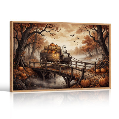 Chariot fantôme avec citrouilles dans les bois d'automne - Tableau sur toile pour l'Halloween