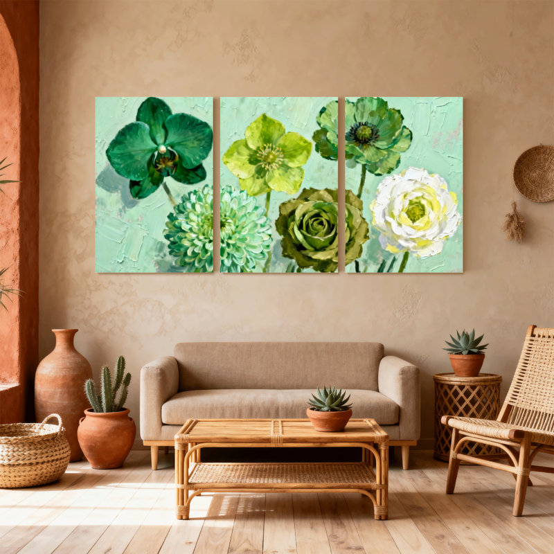 Plantes et fleurs, fleurs vertes, ensemble de 3 reproductions d'art sur toile, H 18 po x l 36 po