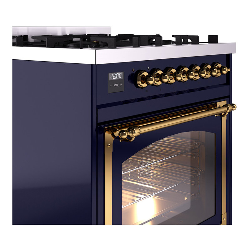 ILVE Nostalgie II Noblesse 30 in Dual Fuel Range, Liquid Propane, Midnight Blue/Brass