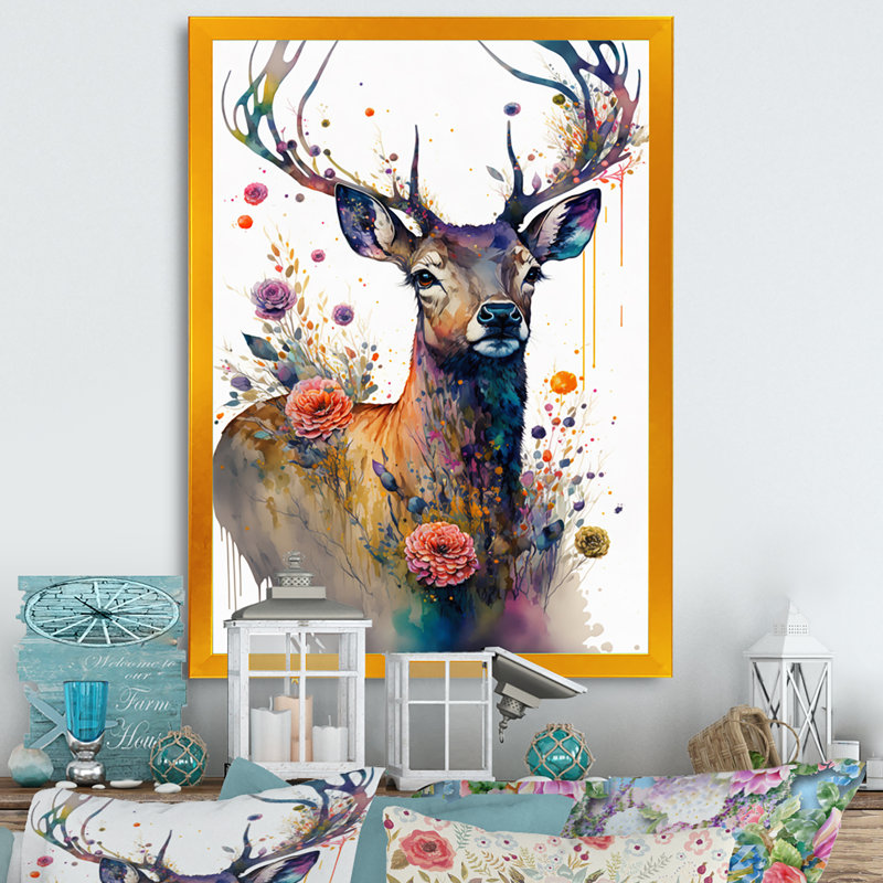 «Cute Deer Floral I», impression sur toile, H 20 po x l 12 po x P 1 po, Encadrement doré