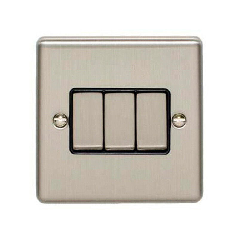 3 PACK 3 Gang Triple Metal Light Switch SATIN STEEL 2 Way 10A Black Trim, Silver/Black, Satin