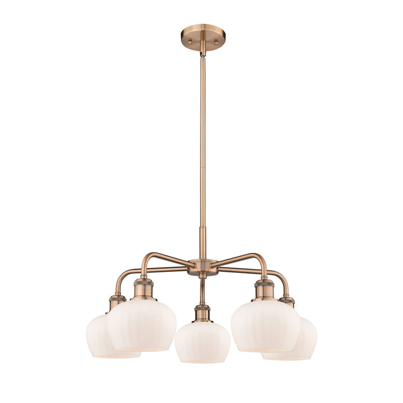 Lustre bol 5 lumières Calnie, Blanc mat, Cuivre antique