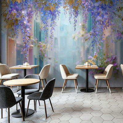 Peel and Stick Wallpaper Wall Mural Wisteria Blossoms Serene Alleyway Soft Petals Falling Wall Art Self Adhesive and Removable