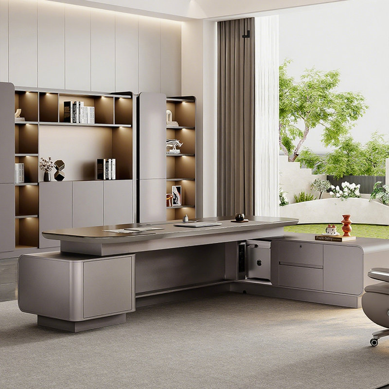 Bureau double caisson en L 110,23 "moderne et minimaliste avec plateau en panneau de fibres à densité moyenne épaissi incurvé, armoire latérale en panneau de particules, avec lumière ambiante, verrou d'empreinte digitale et douille de rail, bureau d