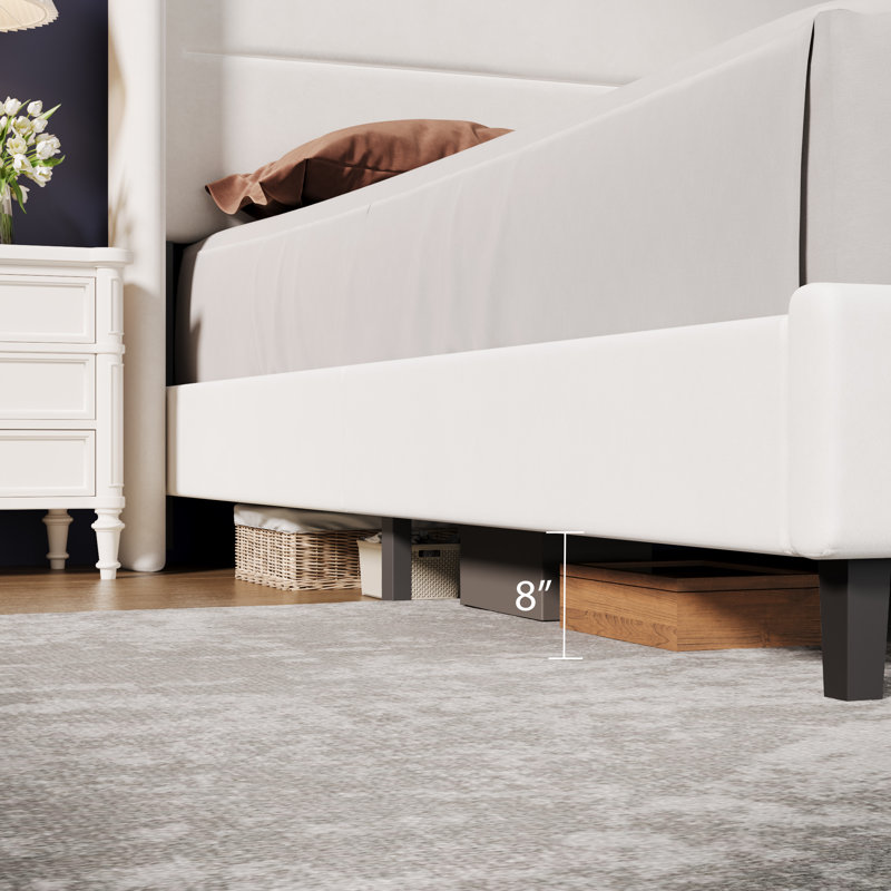 King Size Bed Frame with Wingback Headboard, Velvet Upholstered Platform Bed Frame with Sturdy Wooden Slats Support, No Box Spring Needed, Easy Assembly, White