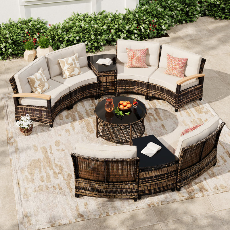 9 Piece Outdoor Patio Furniture Set, Half-Moon Curved Sectional Sofa Rattan Conversation Set With Wood Armrests, Coffee Table & Side Table