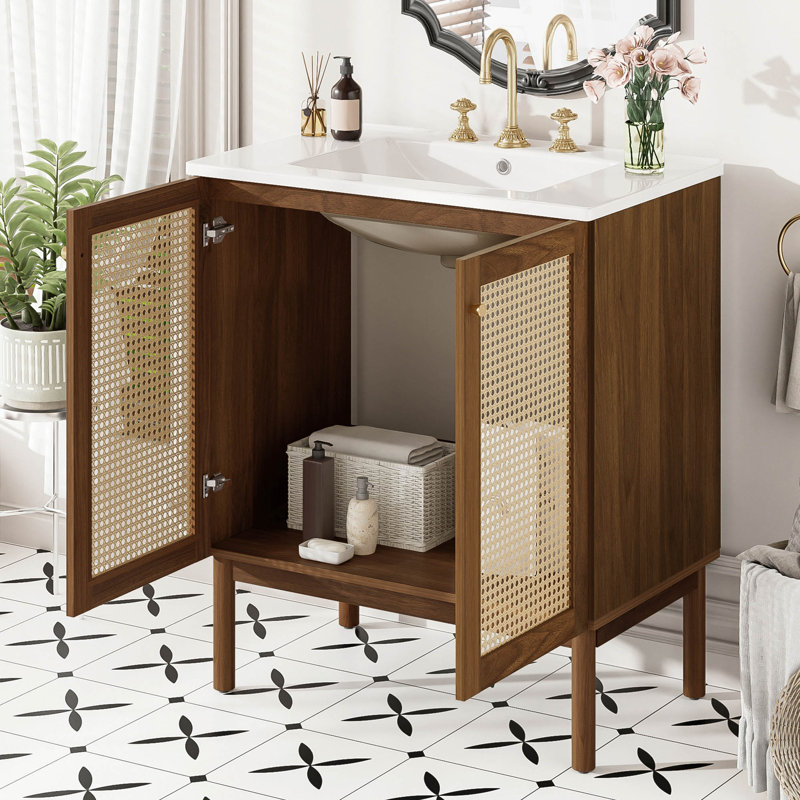 Meuble-lavabo de 30 po avec portes en bambou tissé à la main, armoire en panneau de fibres à densité moyenne et conception à fermeture en douceur
