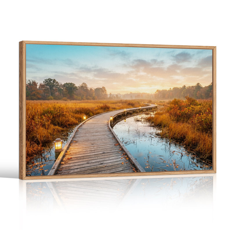 «Winding Wooden Boardwalk travers Marsh at Sunset», art mural sur toile, H 18 po x l 24 po