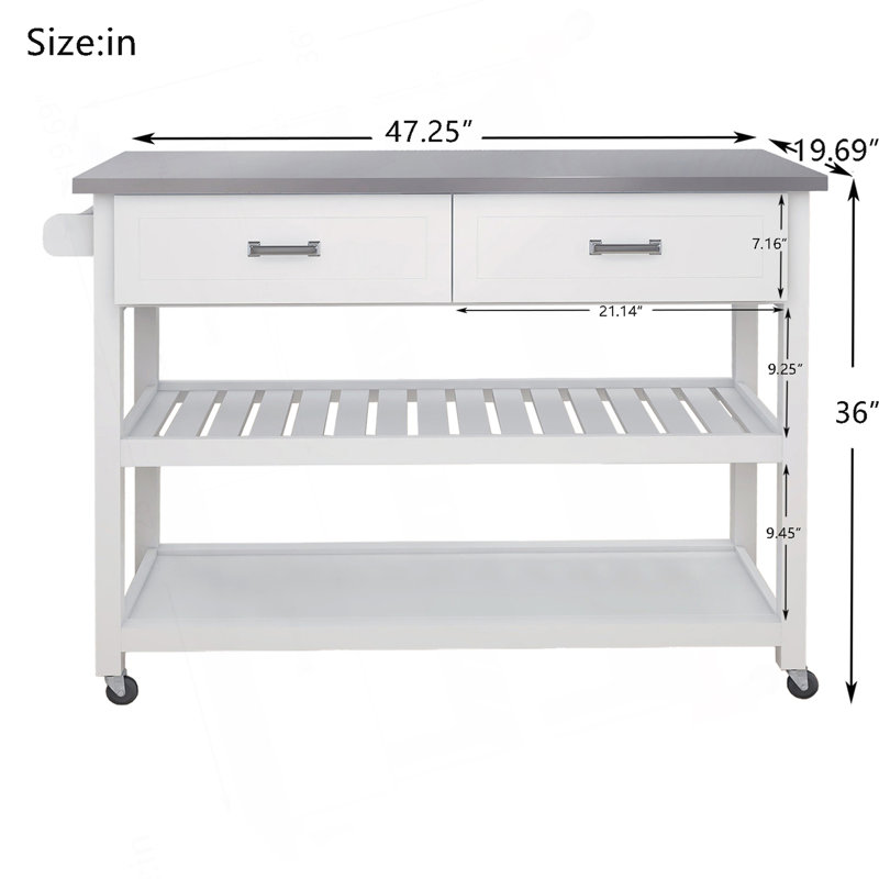 Chariot Kicthen blanc avec deux tiroirs et plateau en acier inoxydable