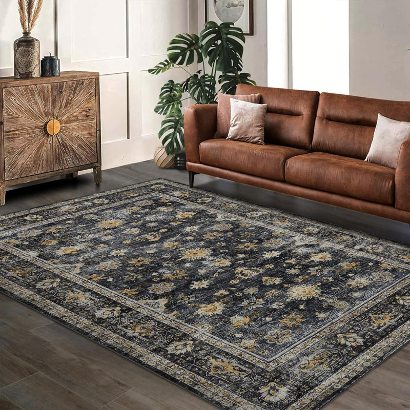 Vintage Washable Area Rug for Bedroom, Distressed Non-Slip Non-Shedding Floral Soft Throw Rugs for Living Room, Dining, Foyer (Brown)