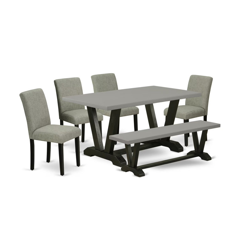 6 Piece Modern Dining Table Set Contains a Rectangle Wooden Table with V-Legs and 4 Shitake Linen Fabric Parson Chairs with a Bench, Multi-Color