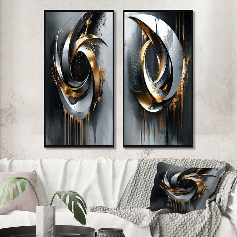 Ensemble de 2 formes d'art abstrait noir et or I - Formes abstraites, H 40 po x l 40 po, Impression encadrée