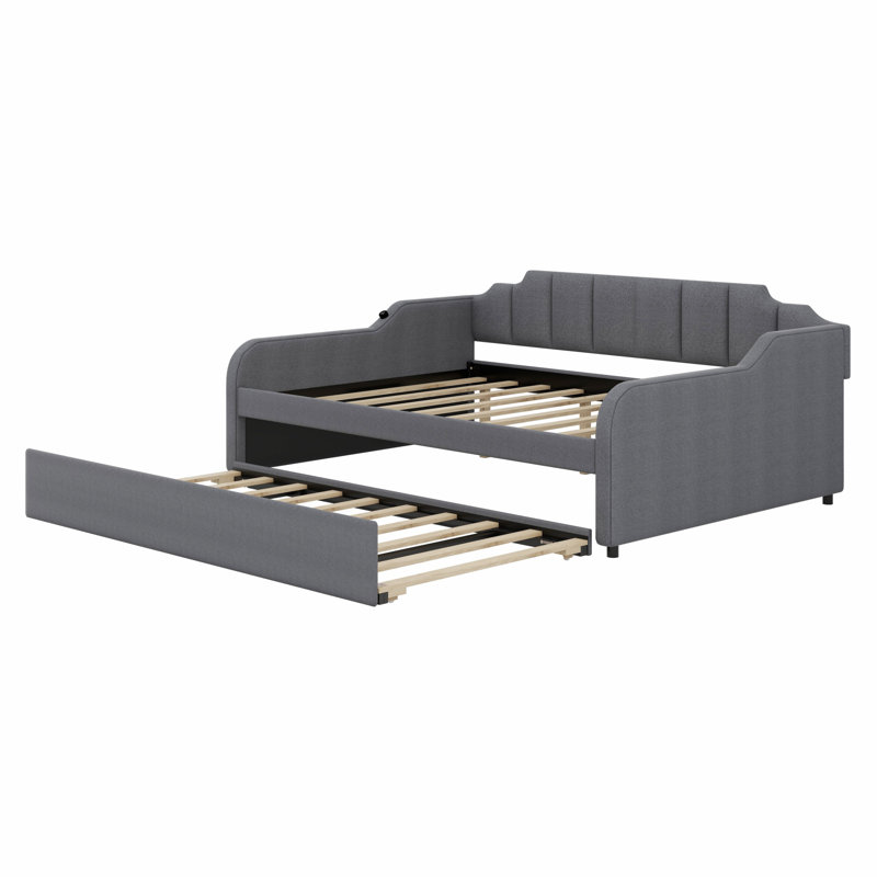 Upholstery Daybed With Trundle And USB Charging Design,Trundle Can Be Flat Or Erected