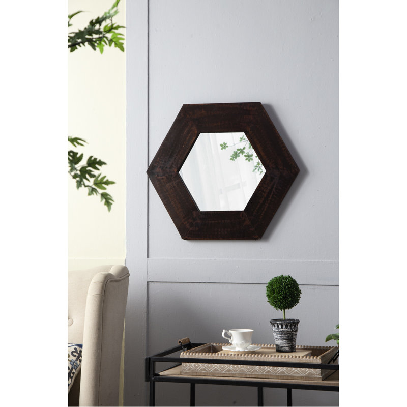 Miroir hexagonal brun foncé avec structure en bois massif ferme, accessoire de salle de bain, cadre 18,5 po x 18,5 po, élément décoratif pour la maison, 18,5 po x 18,5 po