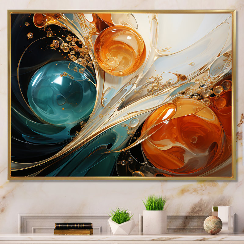 Tempête blanche blanche, bleue et orange - Peinture abstraite, art mural, Cadre flottant doré, H 30 po x l 40 po x P 1,5 po
