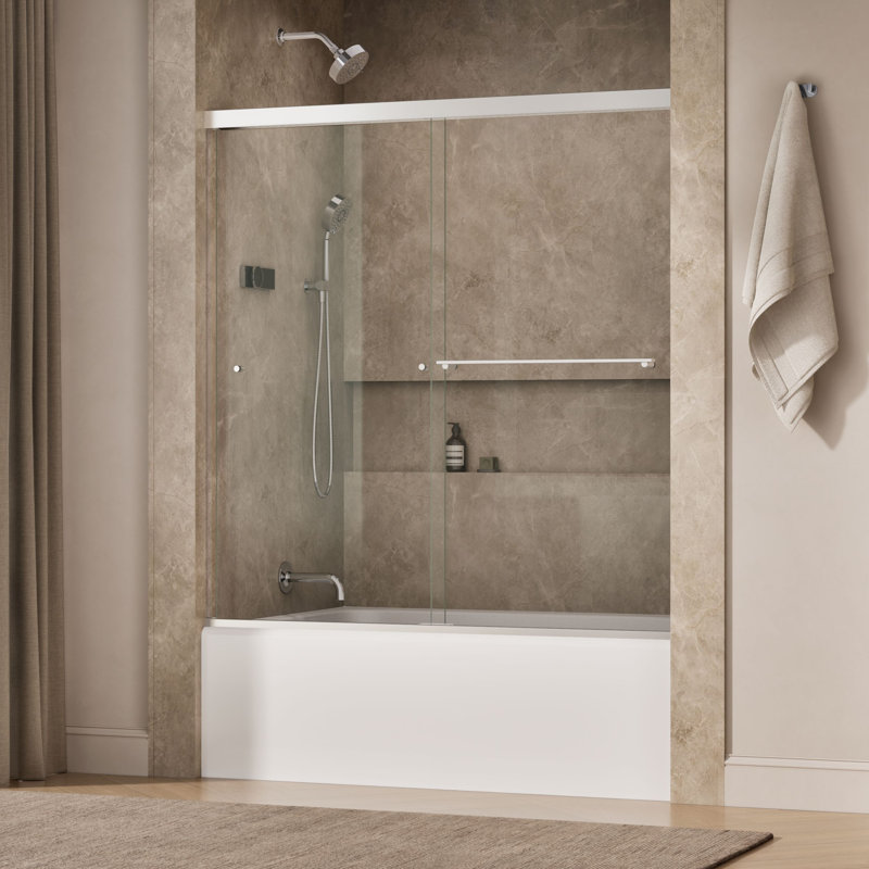Revel 59.63'' x 62'' Double Sliding Bath Door with CleanCoat Technology, Bright Polished Silver, Crystal Clear