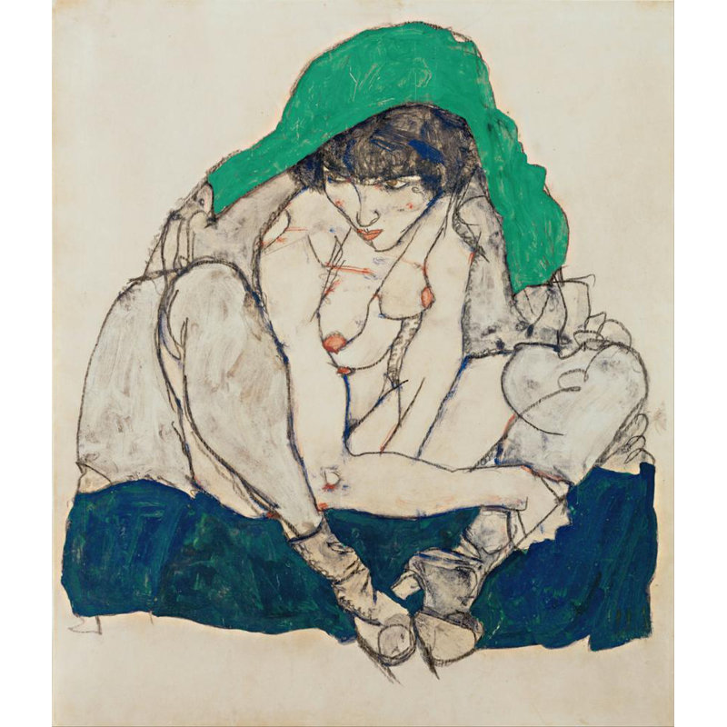«Femme accroupie avec foulard vert» par Egon Schiele - Art mural sur toile tendue avec châssis, H 48 po x l 33 po