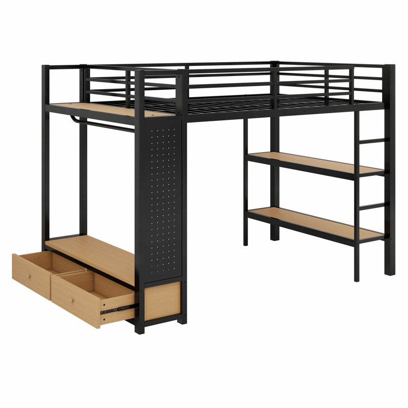 Lit mezzanine avec garde-robe, tablettes de rangement et panneau perforé, Double