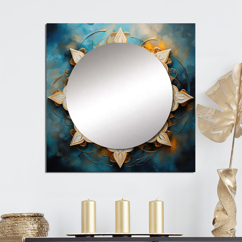 Mandala divin en or rétro et turquoise II - art mural miroir carré Boho Mandala pour la salle de bain, 23 po x 23 po