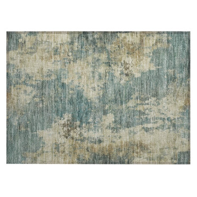 Machine Washable Indoor/Outdoor Xhevrie Teal Rug