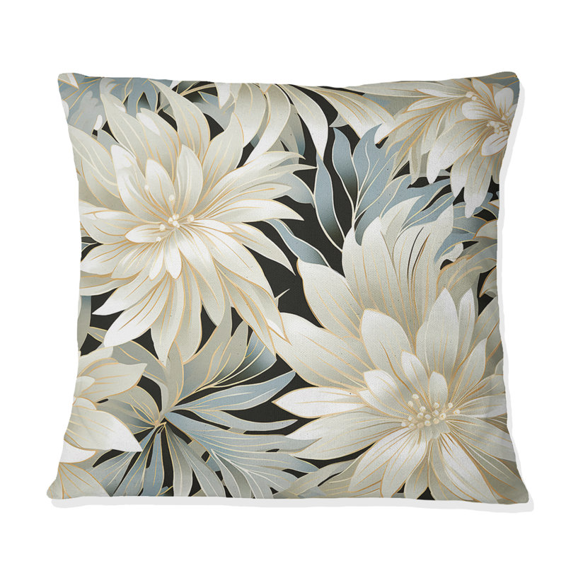 Coussin décoratif à motif floral exotique gris et blanc, H 16 po x l 16 po