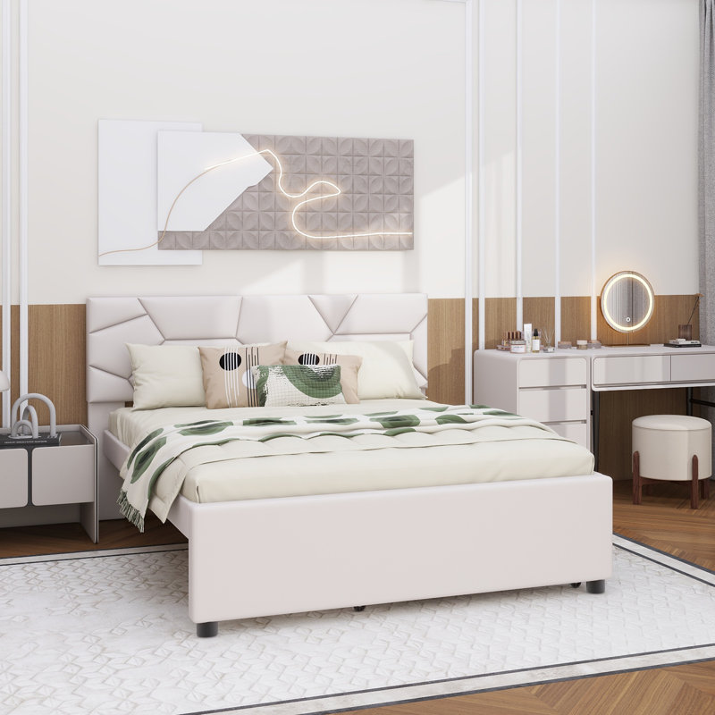 Lit plateforme tapissier avec tête de lit à motif brique et gigogne simple, tissu en lin, Beige, Grand lit