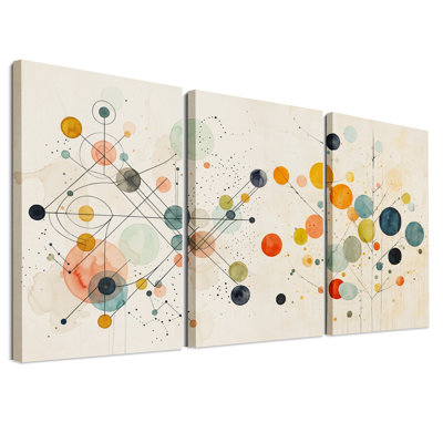 Ensemble de 3 toiles murales abstraites représentant des cercles et des lignes turquoise et orange