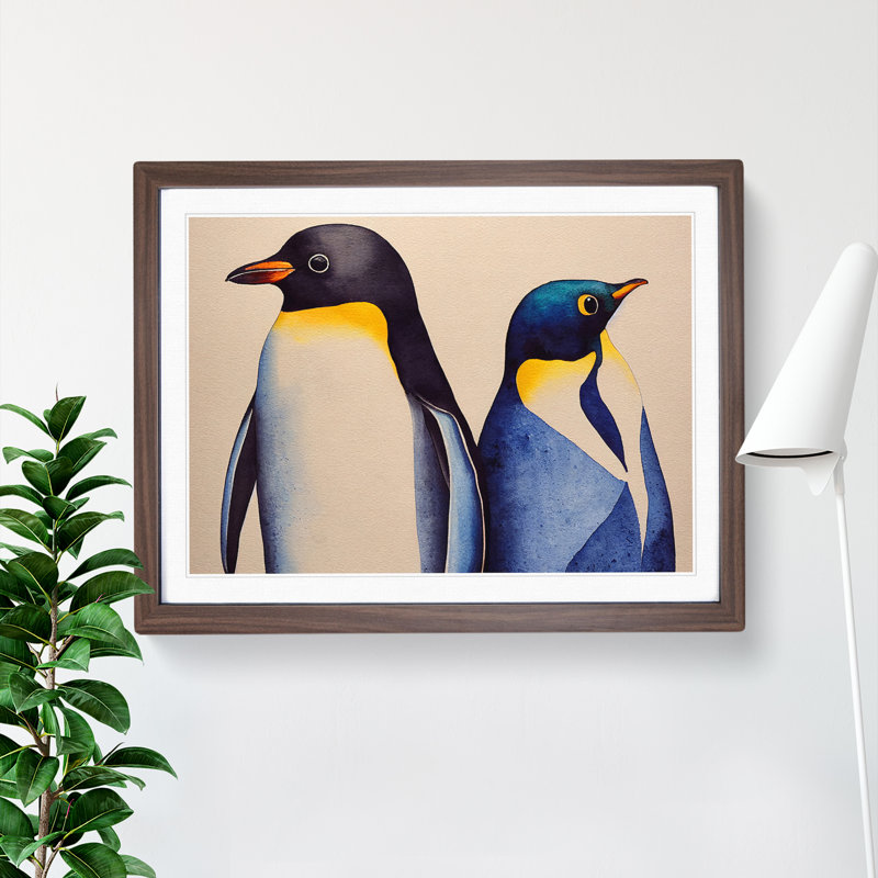 Watercolour Penguins - Single Picture Frame Print, 34cm H x 46cm W x 2cm D, Walnut Framed