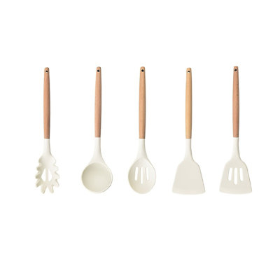 Ensemble 5 pièces d'ustensiles de cuisine en silicone blanc avec poignée en bois