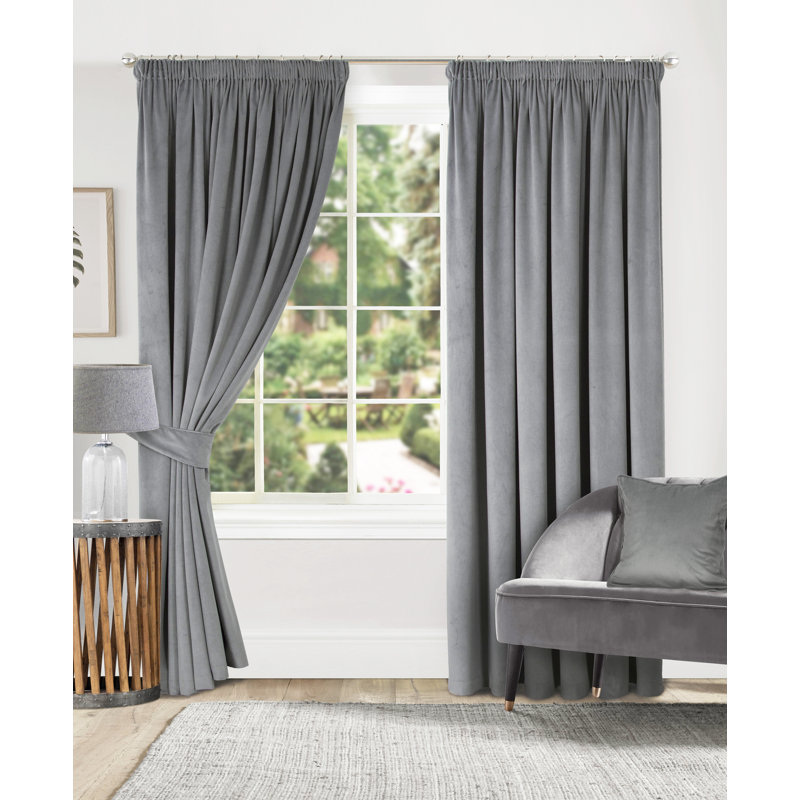 Velour Fully Lined Pencil Pleat Room Darkening Curtains, 228cm Width x 213cm Drop, Soft Grey