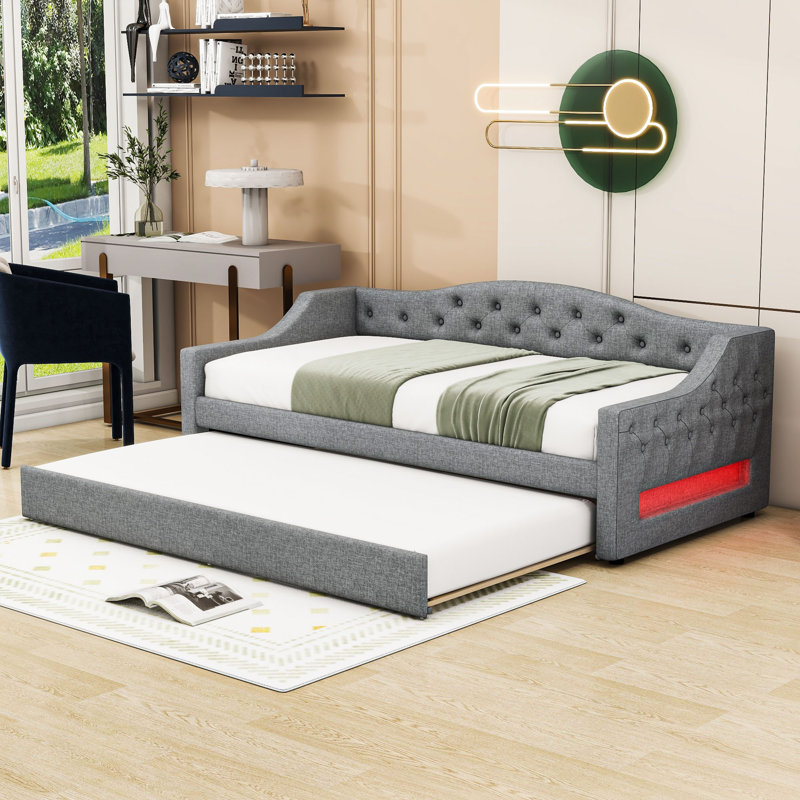 Twin XL Upholstered Daybed with LED and Trundle, Gray