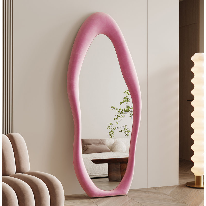 Full Length Mirror 63"X24", Irregular Wavy Mirror, Arched Floor Mirror, Wall Mirror Standing Hanging Or Leaning Against Wall For Bedroom, Flannel Wrapped Wooden Frame Mirror