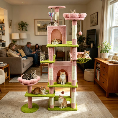 Pink Green Floral Multi-Level Cat Tree Tower With Condos, Hammock, Flower Perch & Scratching Posts, Large Cat Activity Play House With Hanging Toy Balls For Indoor Cats