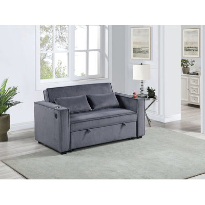 Corduroy Convertible Sofa with Bed Function, USB Port, and Cupholders