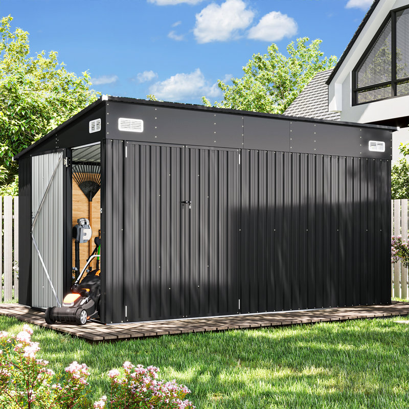 12. W X 8. D Metal Lean-to Storage Shed With Three Doors, 142.9" W X 87.6" D