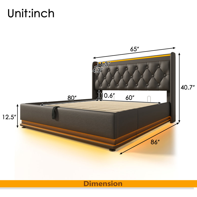 Lit rembourré, fonction DEL à 360 degrés, boutons / applications / télécommande, lit de rangement hydraulique avec chargement USB Type-C, noir, polyuréthane