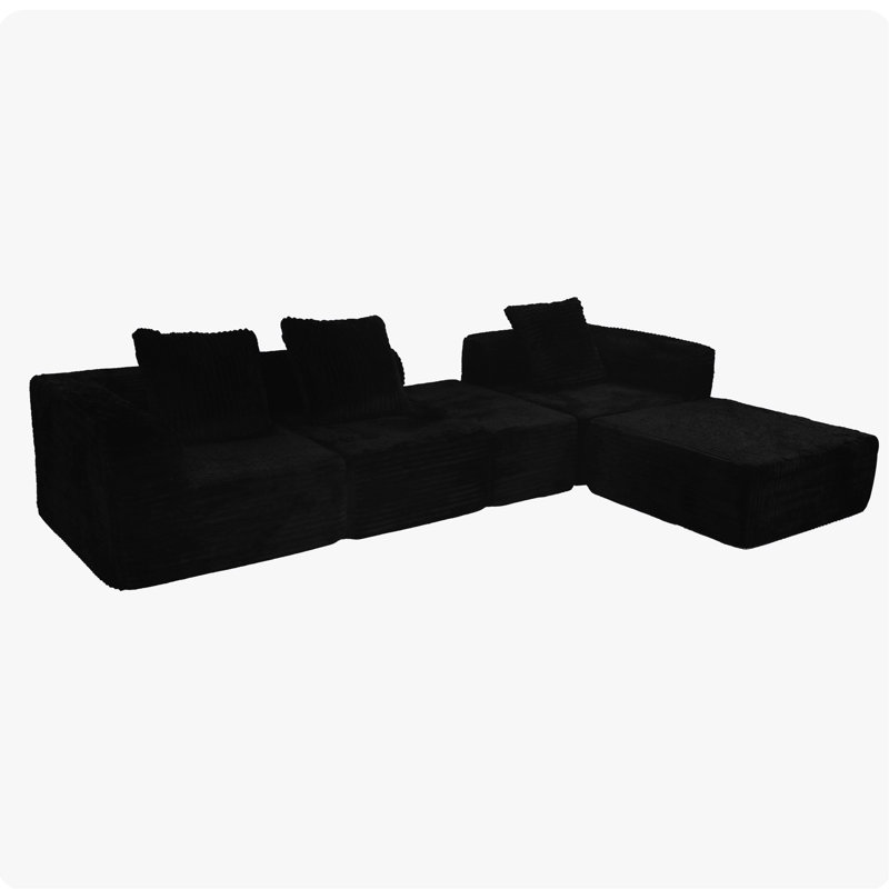 4 - Seat Modular Black Cloud Couch With And Oversized Chaise For Living Room, Medium Firm Seat, American Design, Us Foam, Standard 100 By , Stain , Machine Washable Pet , Smooth To Pilling Brushed