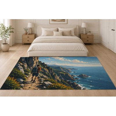Tapis « ultra mince » 152 x 213 cm (5 pi x 7 pi) à motif de sentier de randonnée côtier, idéal pour la chambre, le salon et le bureau à domicile. Moquette douce à poils courts avec envers antidérapant en silicone.