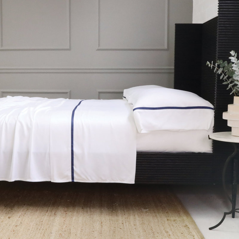 Langston Rayon Sateen Sheet Set, Queen, White/Navy