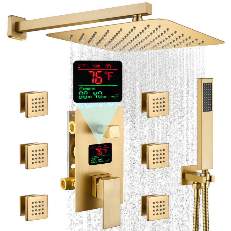 12" LCD Display 3-Function Wall Mounted Pressure Balanced Luxury Shower System with 6 Body Jets