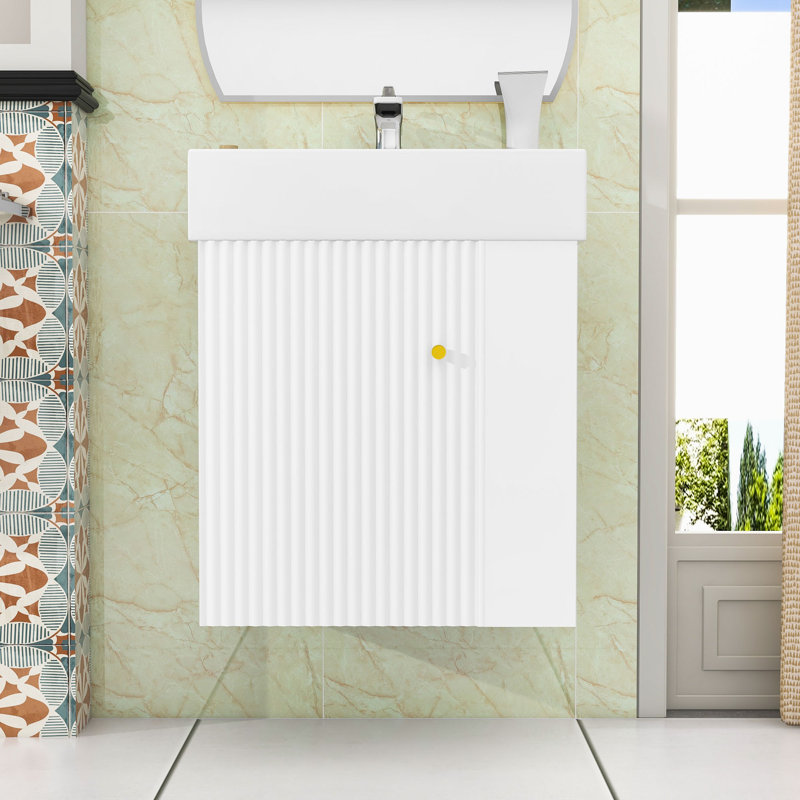 Meuble-lavabo flottant moderne avec lavabo en céramique, porte à motif de vagues et tablettes de rangement Maurice, Blanc