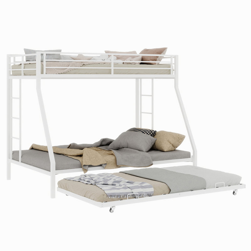 Lit superposé double avec lit gigogne, structure carrée en fer tubulaire, haute stabilité, pour la maison, dortoir, 137 cm x 190 cm, blanc