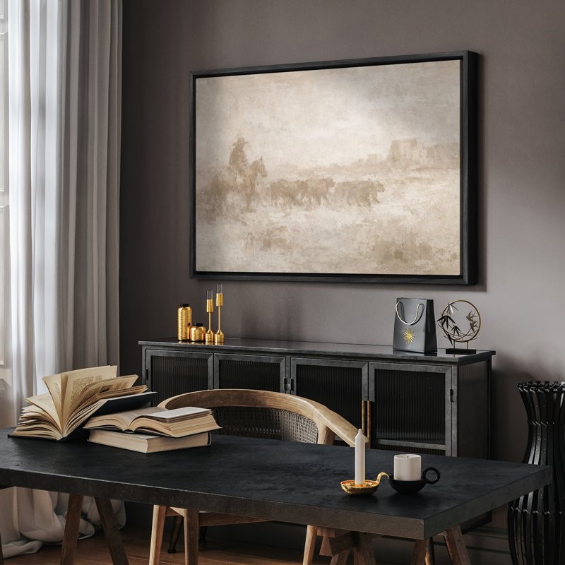 Western Cowboy Herding Cattle in Misty Landscape Framed Print Wall Art - 24" H x 36" W