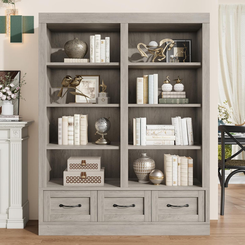 64" H Tall Bookcshelf with 3 Storage Drawers, Tall Bookcase w/ 4 Tier Double Wide Open Shelf, Large Storage Bookcase Wooden Deep Bookshelves for Library Office Living Room