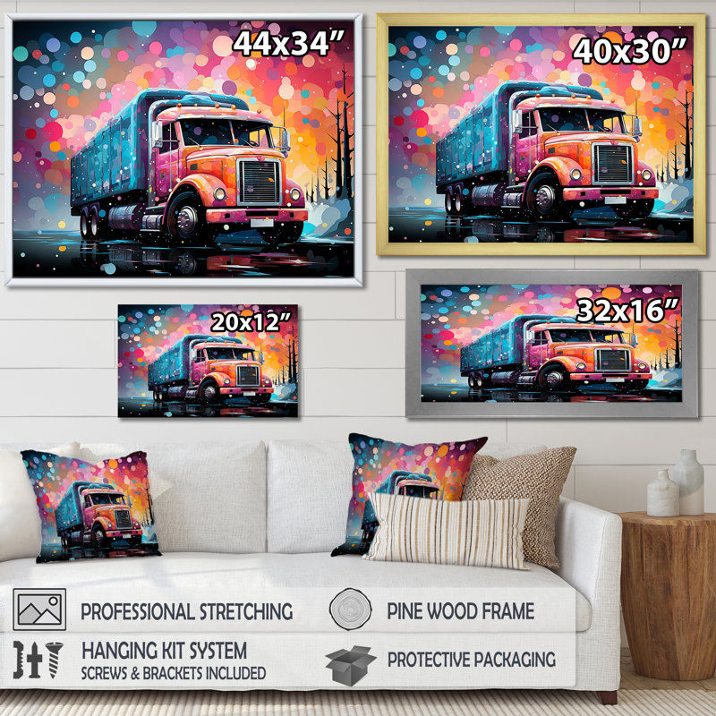 Camion rose Raimbow I - camion, art mural, salon, Toile tendue, H 12 po x l 20 po