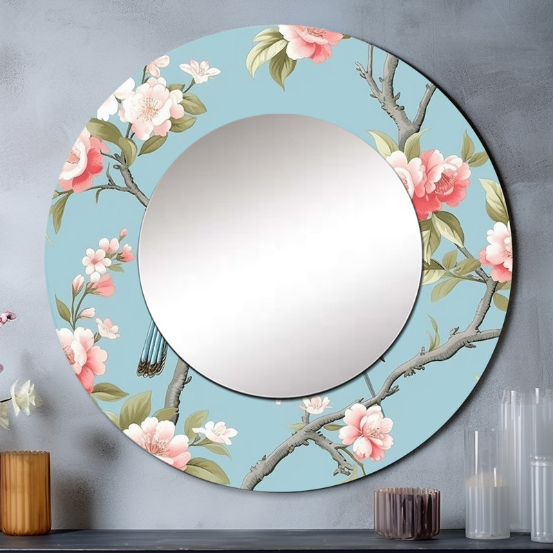 Chinoiserie With Birds And Peonies XV - Floral Round Mirror For Wall Decor, 36" x 36"